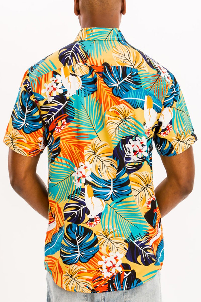 A vibrant Hawaiian Button Down Shirt featuring a unique digital print, chest pocket, and a regular fit, perfect for casual wear.