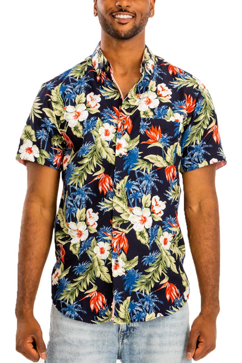 A vibrant Hawaiian Button Down Shirt featuring unique digital prints, showcasing a chest pocket and a regular fit, perfect for summer wear.