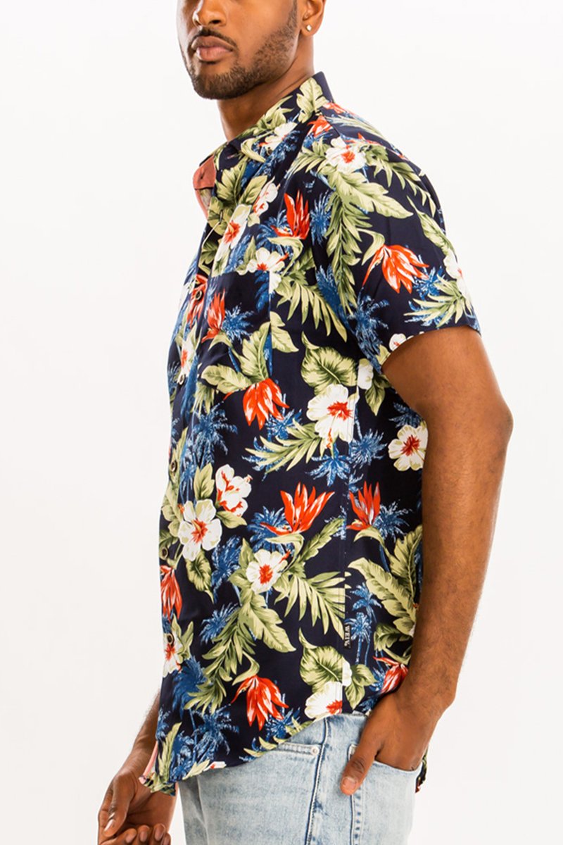 A vibrant Hawaiian Button Down Shirt featuring unique digital prints, showcasing a chest pocket and a regular fit, perfect for summer wear.