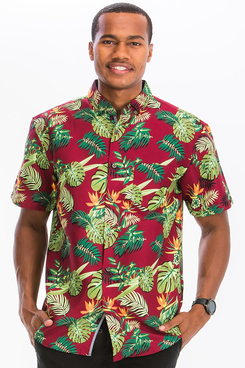 A vibrant Hawaiian button down shirt featuring a unique digital print, showcasing a chest pocket and regular fit.