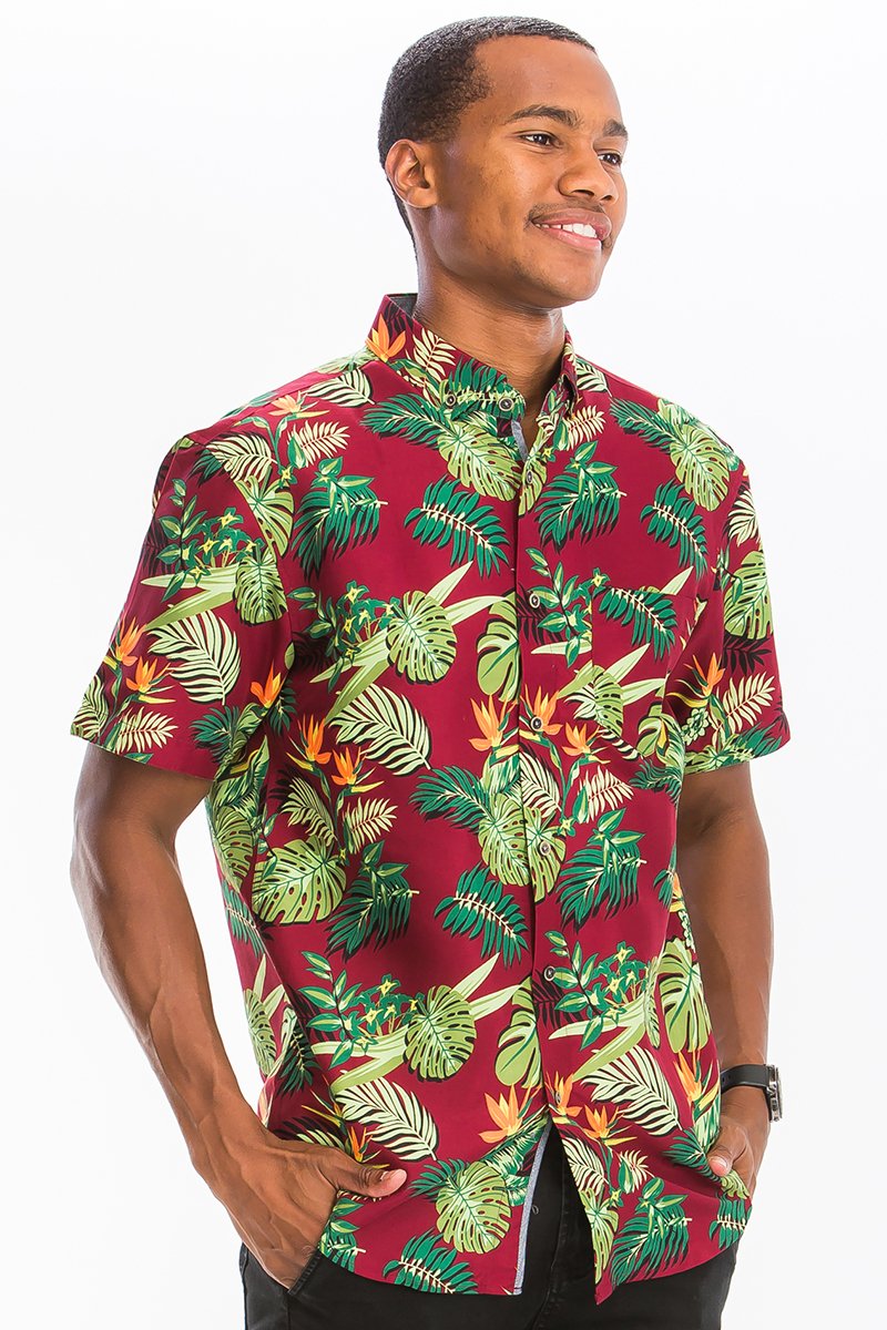 A vibrant Hawaiian button down shirt featuring a unique digital print, showcasing a chest pocket and regular fit.