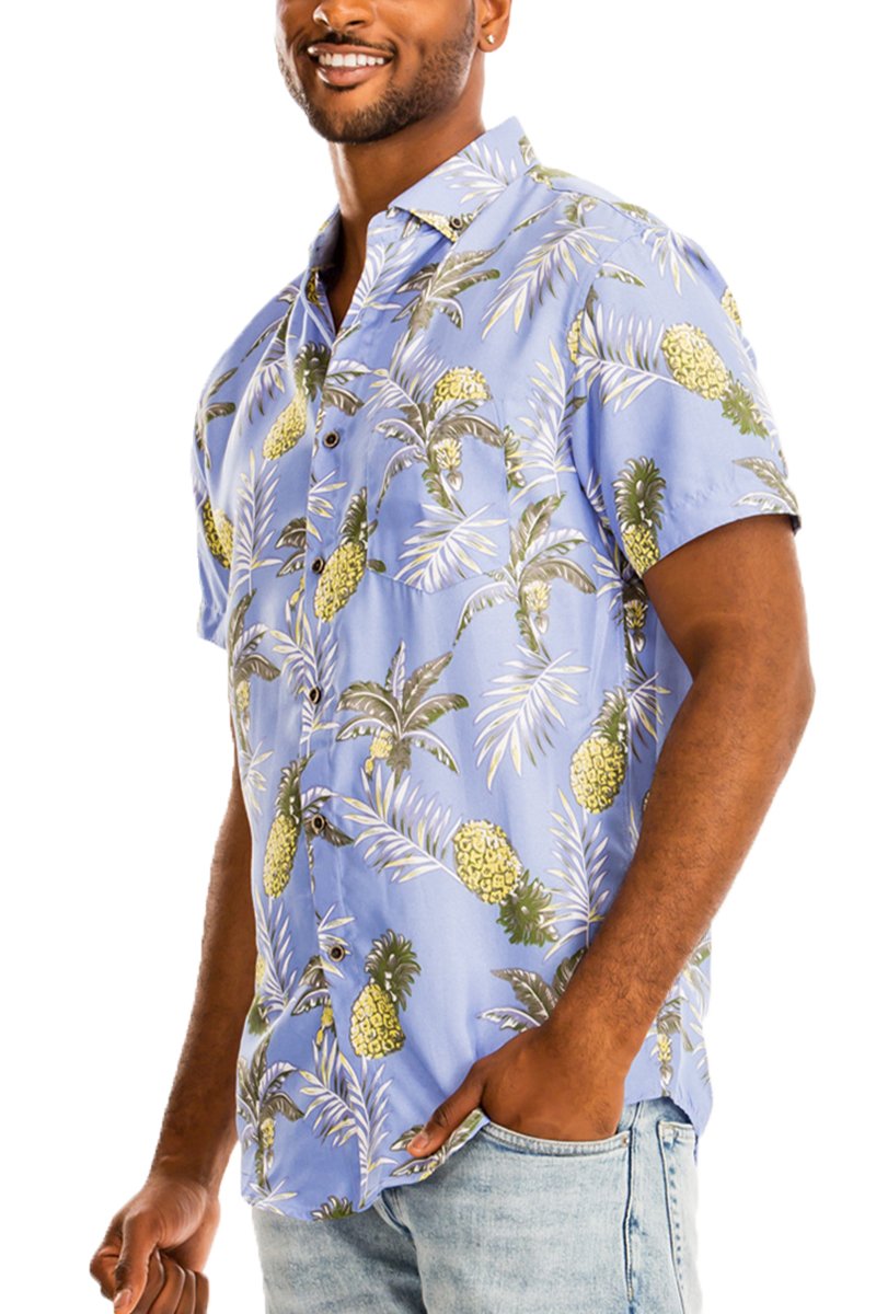 A vibrant Hawaiian button down shirt featuring a unique digital all-over print, showcasing a chest pocket and a regular fit.