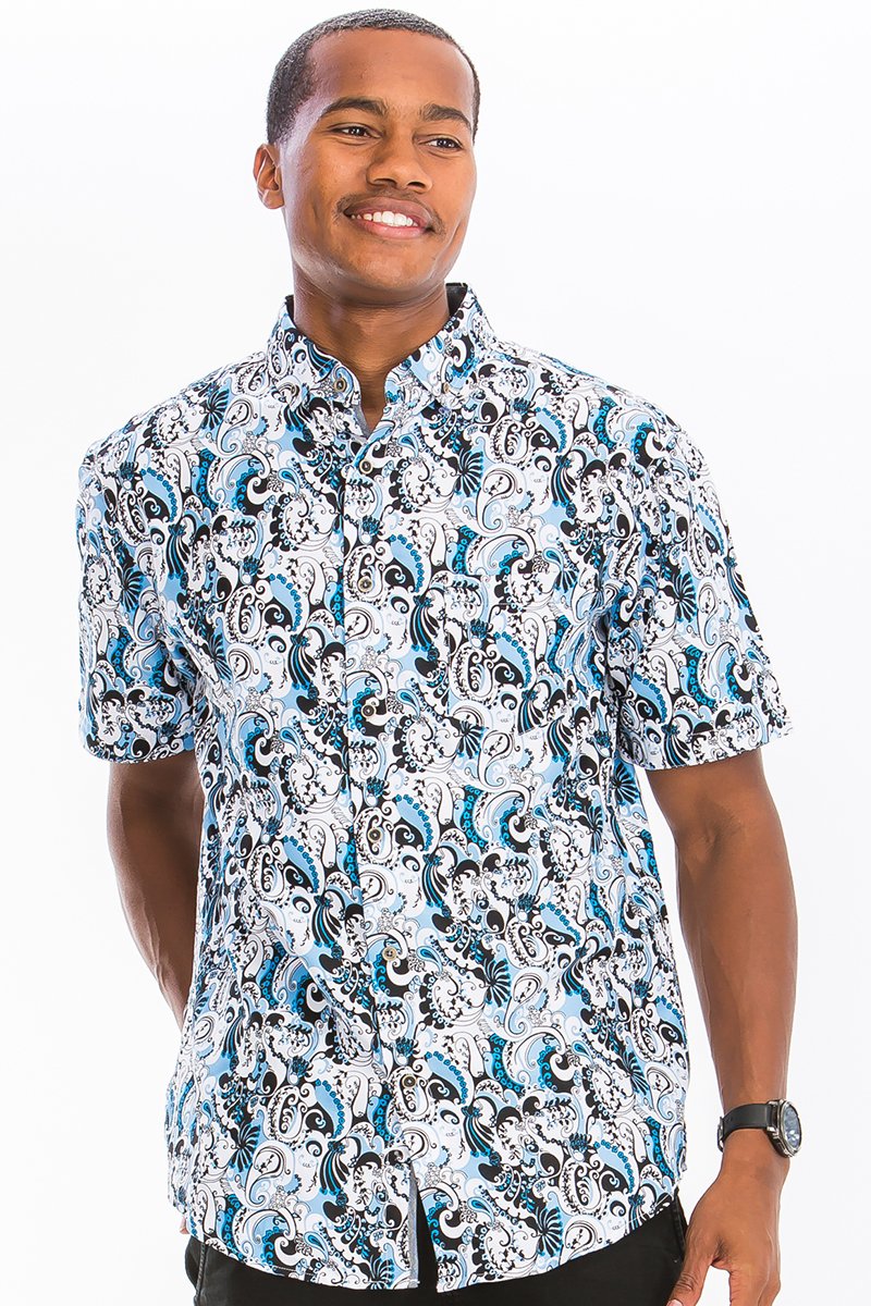 A vibrant Hawaiian button down shirt featuring unique digital prints, showcasing a chest pocket and a regular fit, perfect for summer wear.