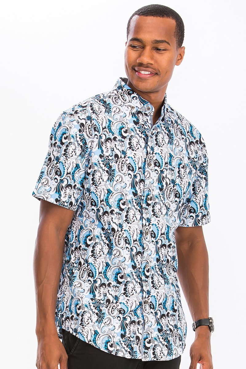 A vibrant Hawaiian button down shirt featuring unique digital prints, showcasing a chest pocket and a regular fit, perfect for summer wear.