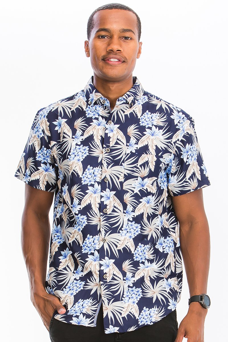 A vibrant Hawaiian button down shirt featuring a unique digital print, chest pocket, and regular fit, perfect for summer outings.