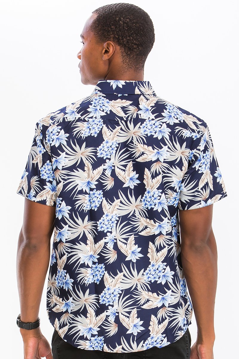 A vibrant Hawaiian button down shirt featuring a unique digital print, chest pocket, and regular fit, perfect for summer outings.