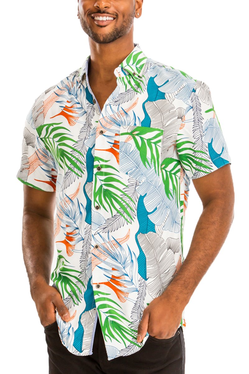 A vibrant Hawaiian Button Down Shirt featuring unique digital prints and a chest pocket, perfect for casual outings.