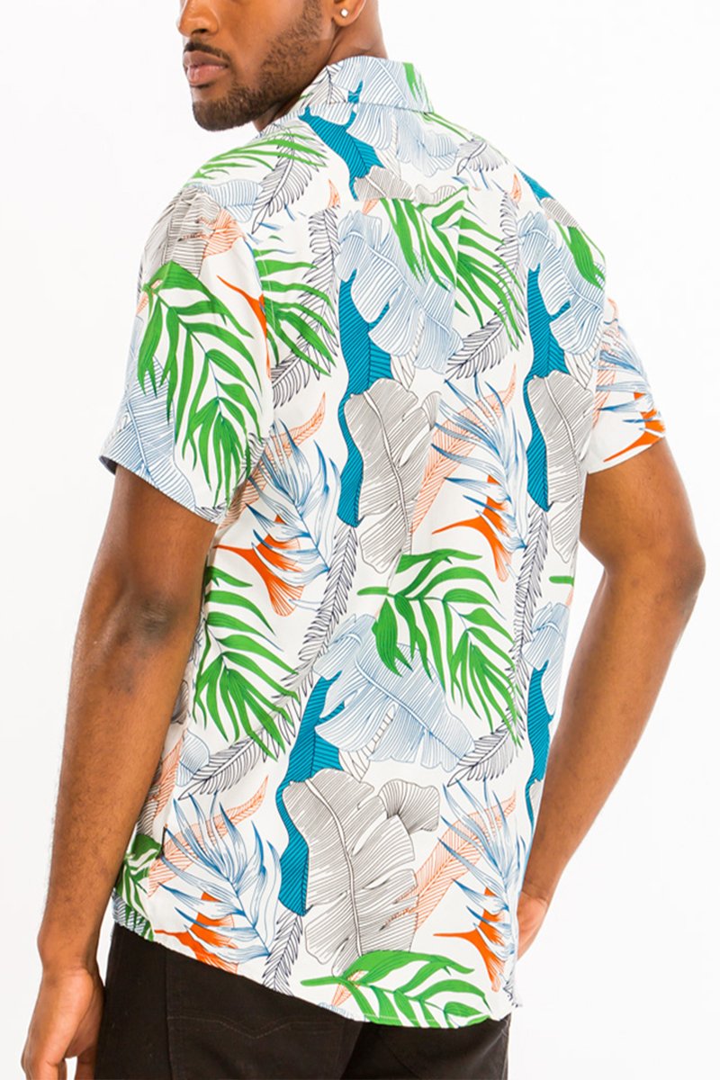 A vibrant Hawaiian Button Down Shirt featuring unique digital prints and a chest pocket, perfect for casual outings.