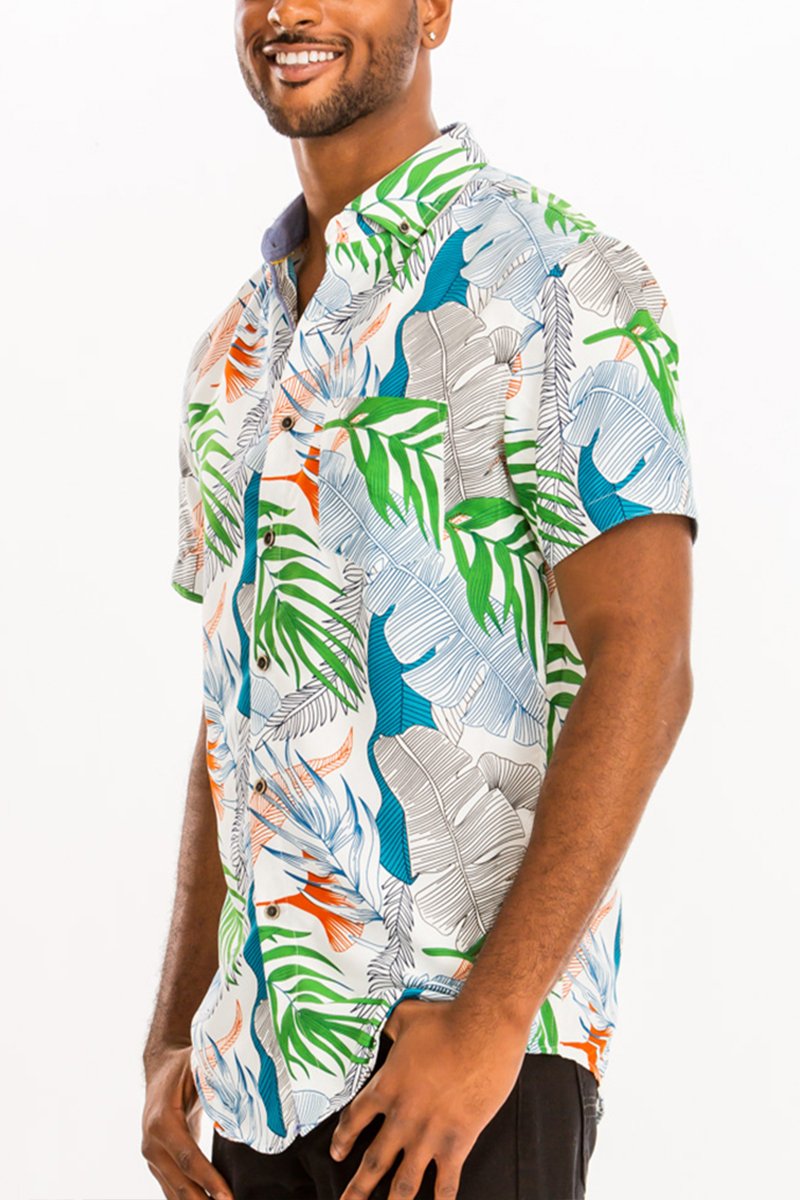 A vibrant Hawaiian Button Down Shirt featuring unique digital prints and a chest pocket, perfect for casual outings.