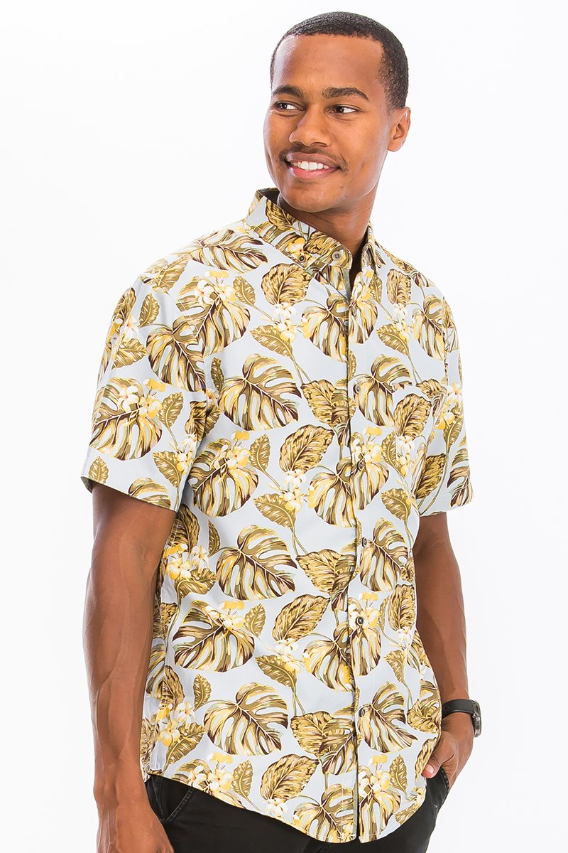 A vibrant Hawaiian button down shirt featuring unique digital prints, showcasing a chest pocket and a regular fit, perfect for summer wear.