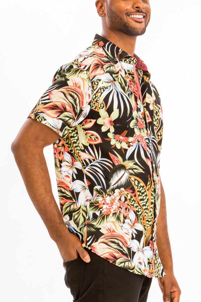 A vibrant Hawaiian button down shirt featuring a unique digital print, chest pocket, and regular fit, perfect for summer wear.