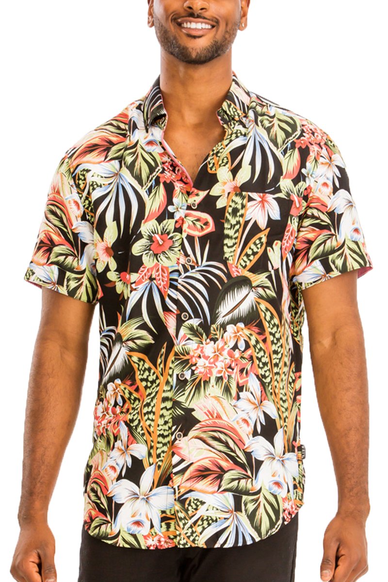 A vibrant Hawaiian button down shirt featuring a unique digital print, chest pocket, and regular fit, perfect for summer wear.