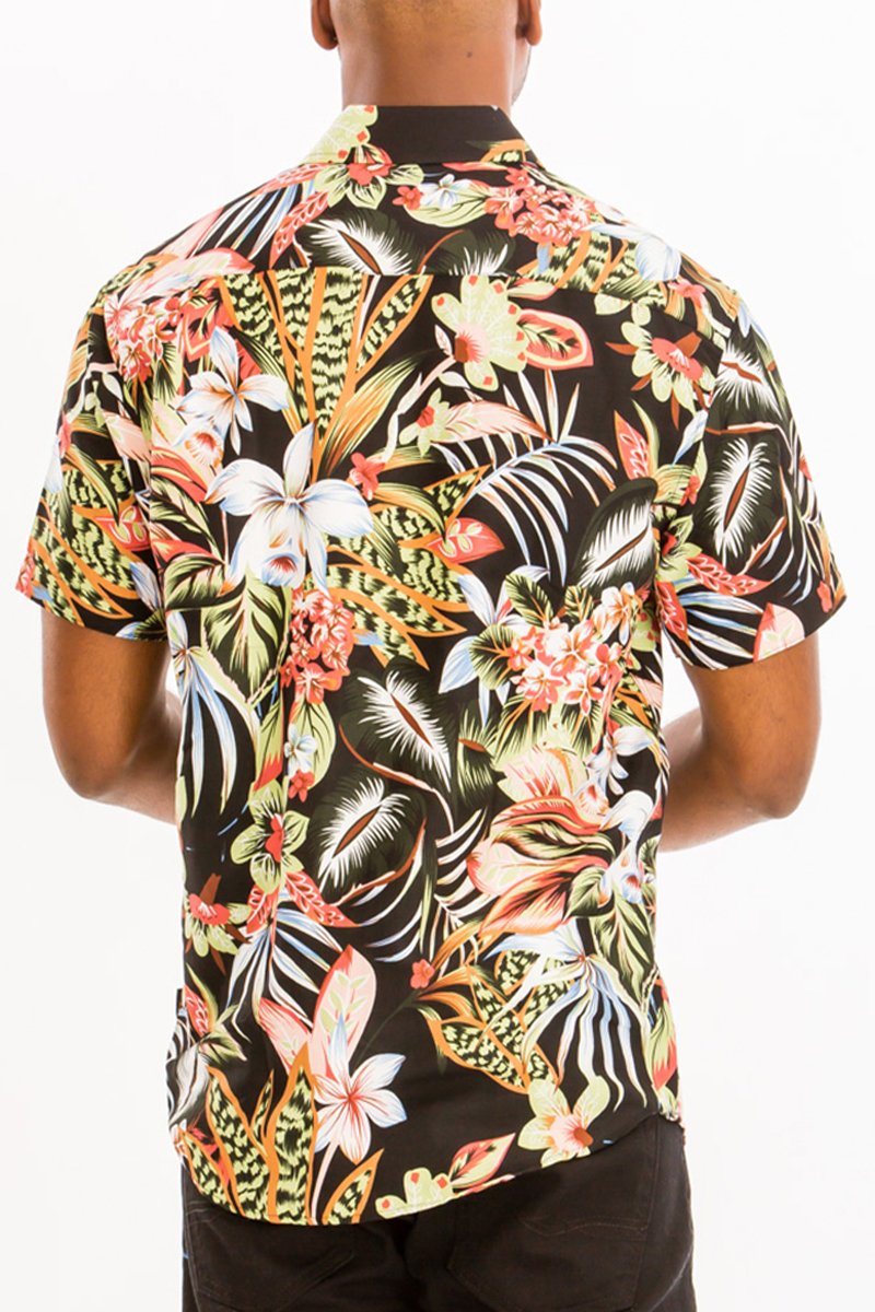 A vibrant Hawaiian button down shirt featuring a unique digital print, chest pocket, and regular fit, perfect for summer wear.