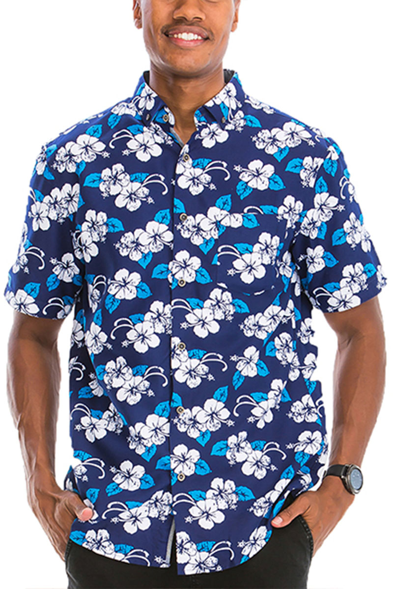 A vibrant Hawaiian button down shirt featuring unique digital prints, showcasing a chest pocket and a regular fit, perfect for summer wear.