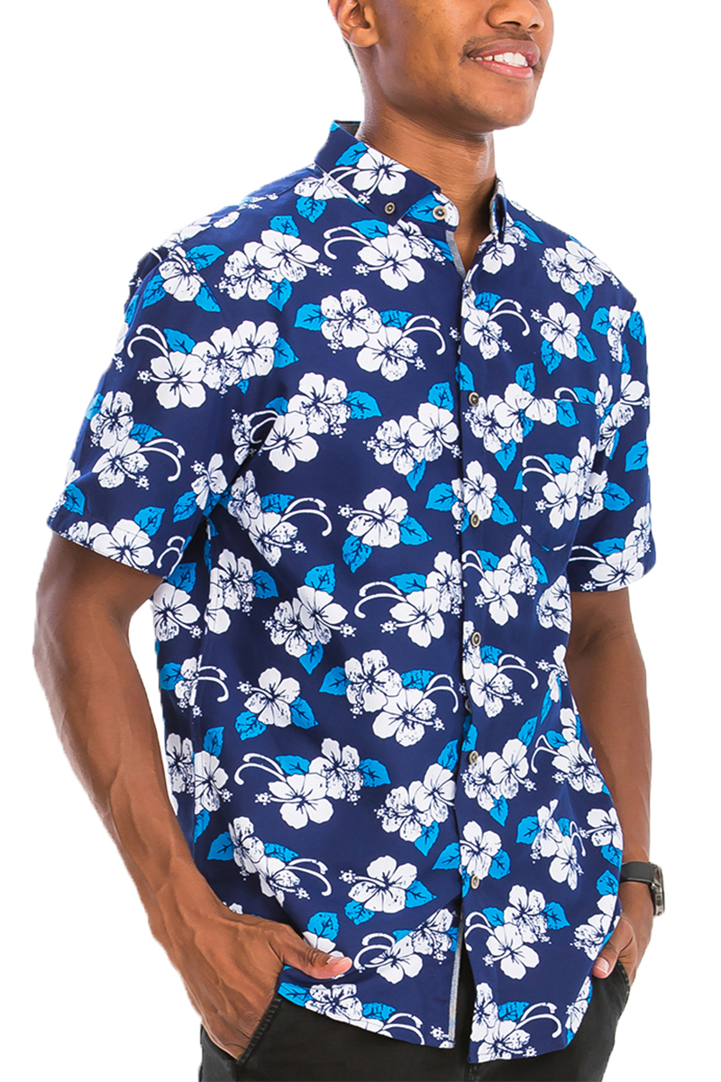 A vibrant Hawaiian button down shirt featuring unique digital prints, showcasing a chest pocket and a regular fit, perfect for summer wear.