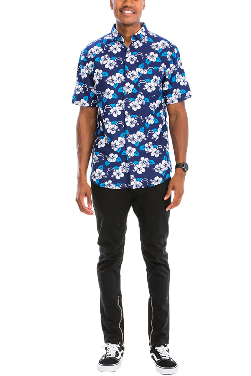 A vibrant Hawaiian button down shirt featuring unique digital prints, showcasing a chest pocket and a regular fit, perfect for summer wear.