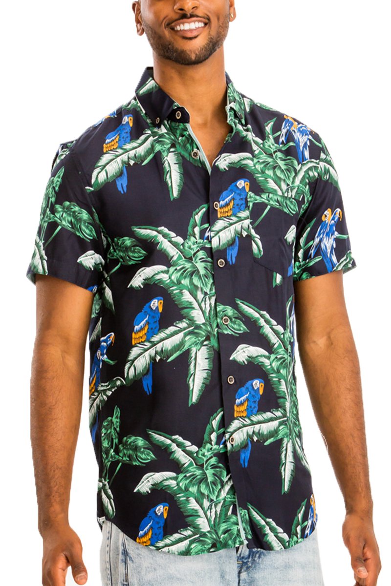 A vibrant Hawaiian Button Down Shirt featuring a unique digital all-over print, chest pocket, and regular fit, perfect for casual outings.