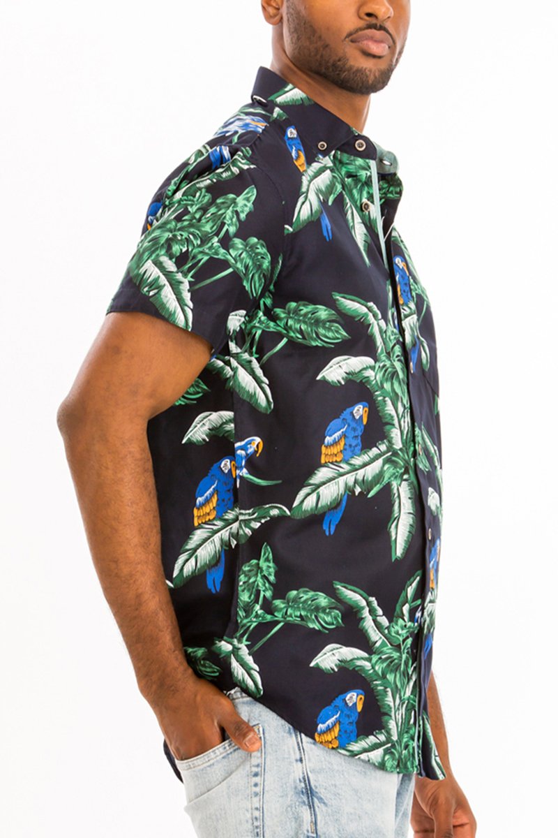 A vibrant Hawaiian Button Down Shirt featuring a unique digital all-over print, chest pocket, and regular fit, perfect for casual outings.