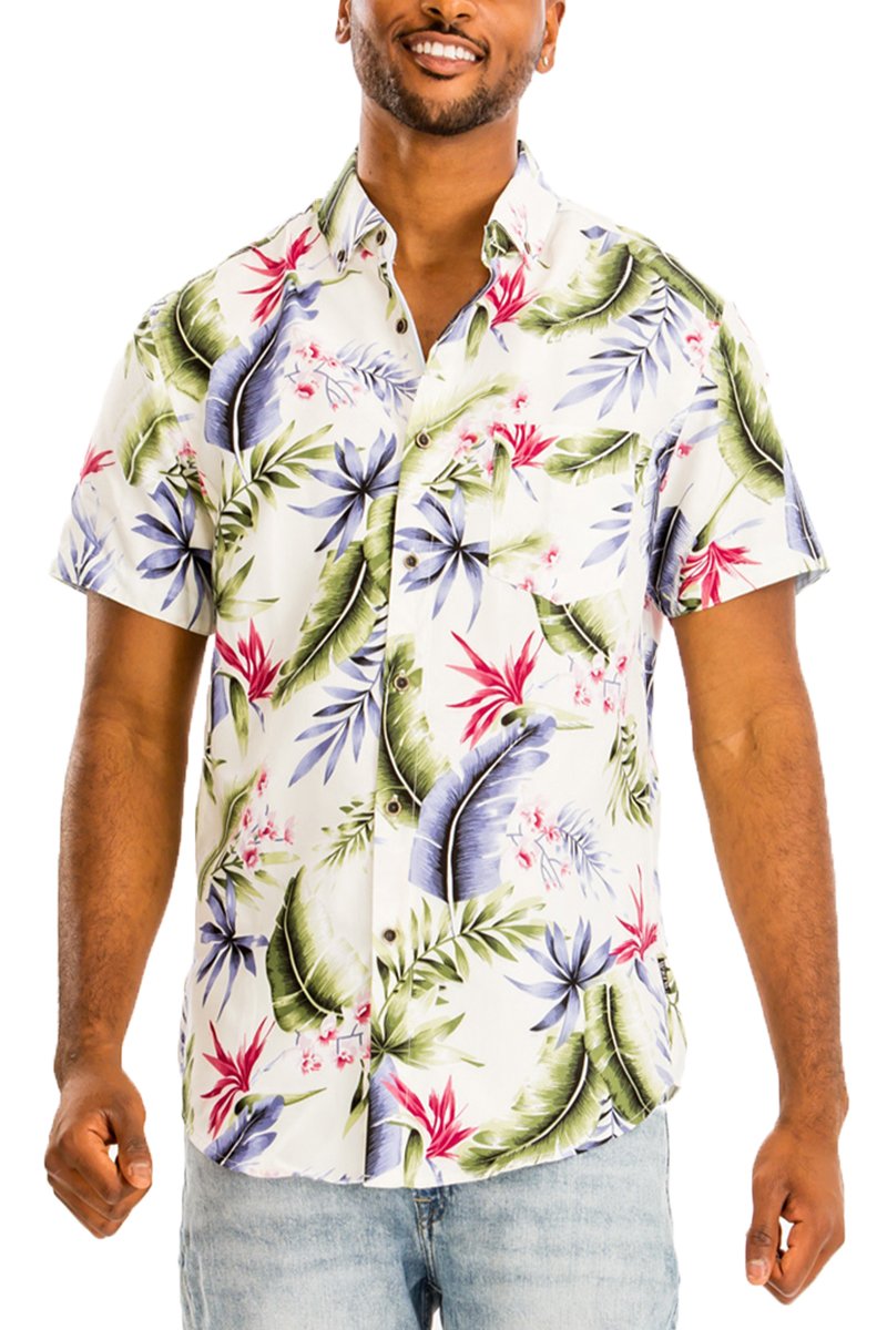 A vibrant Hawaiian button down shirt featuring a unique digital print, showcasing a chest pocket and a regular fit, perfect for casual wear.