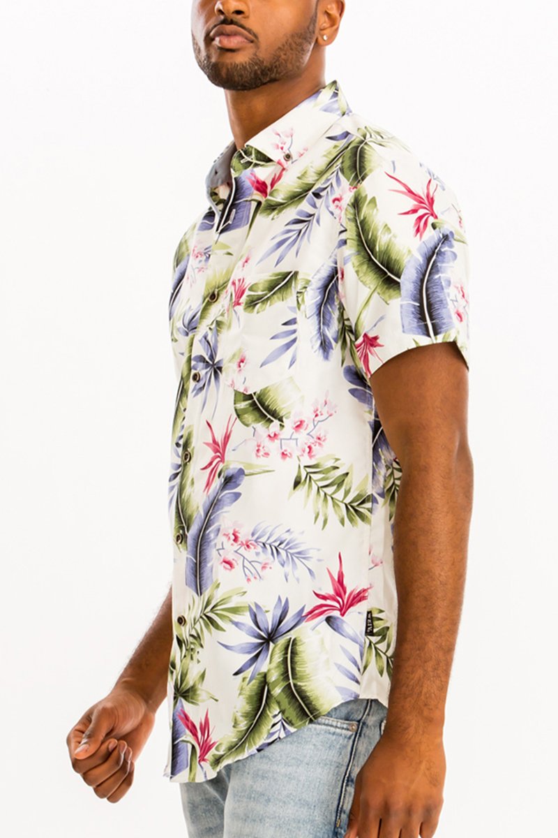 A vibrant Hawaiian button down shirt featuring a unique digital print, showcasing a chest pocket and a regular fit, perfect for casual wear.