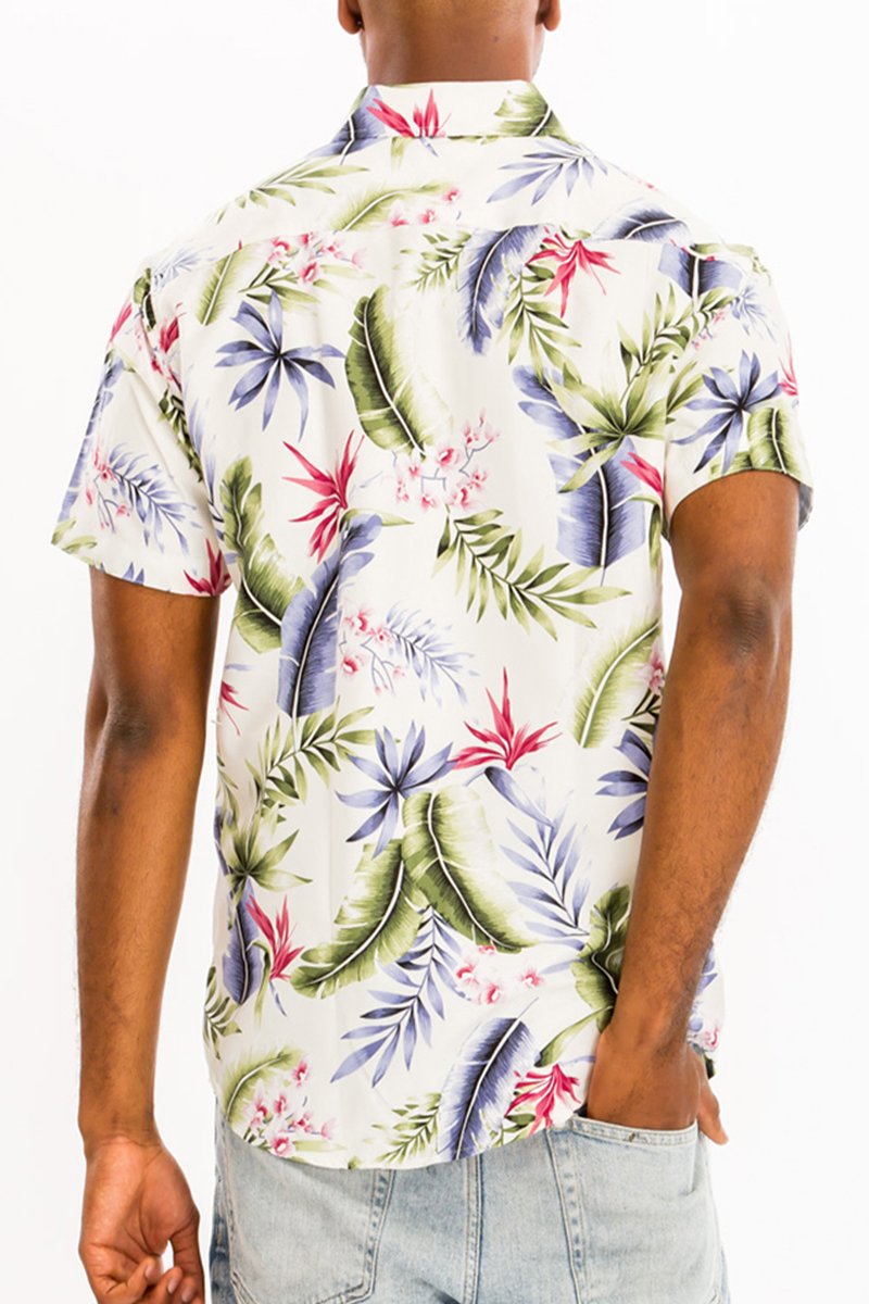 A vibrant Hawaiian button down shirt featuring a unique digital print, showcasing a chest pocket and a regular fit, perfect for casual wear.