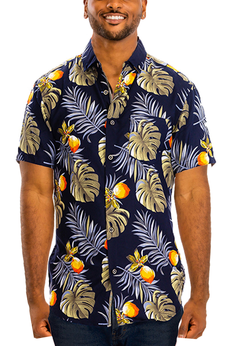 Hawaiian Button Down Shirt WS7030 featuring vibrant tropical print, short sleeves, and a chest pocket.