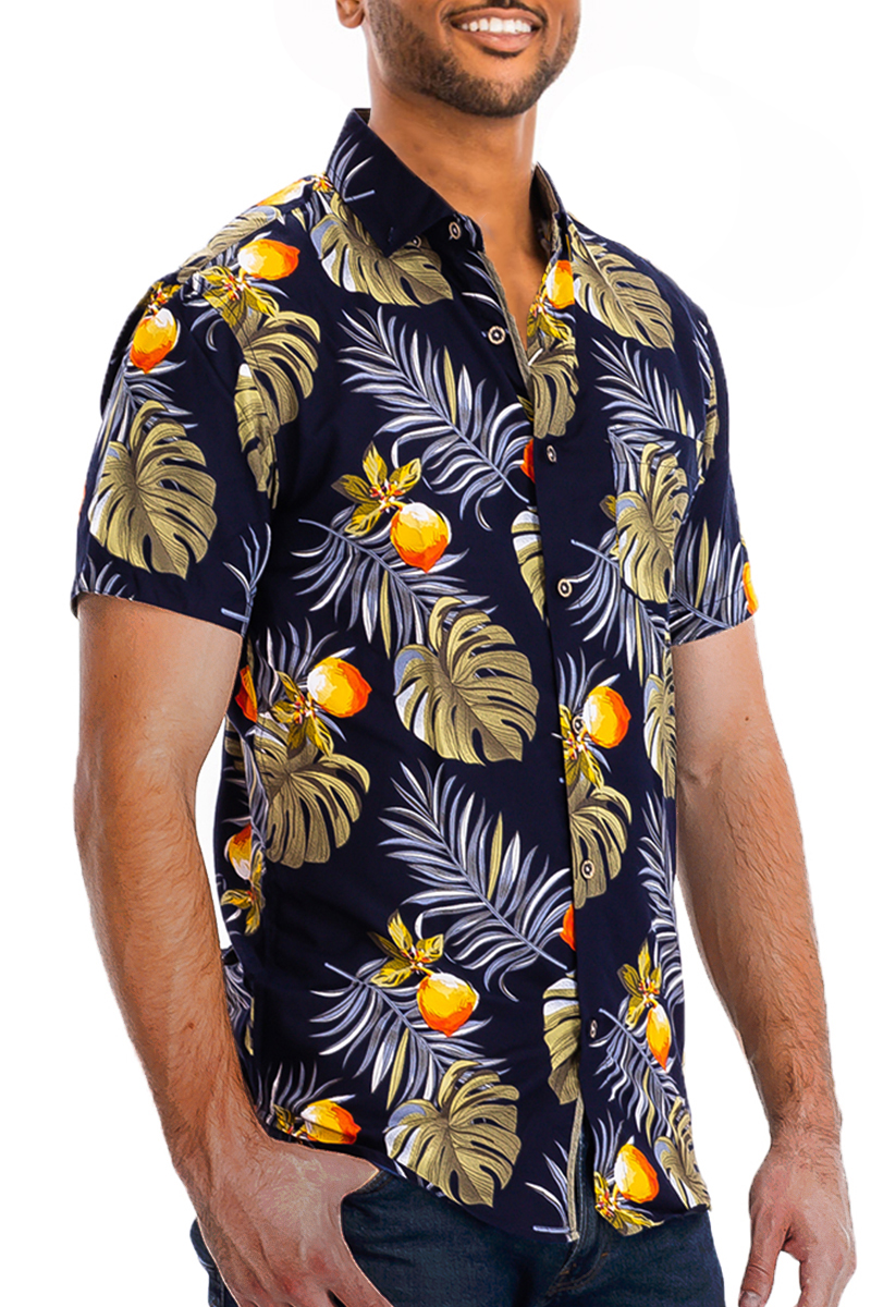 Hawaiian Button Down Shirt WS7030 featuring vibrant tropical print, short sleeves, and a chest pocket.