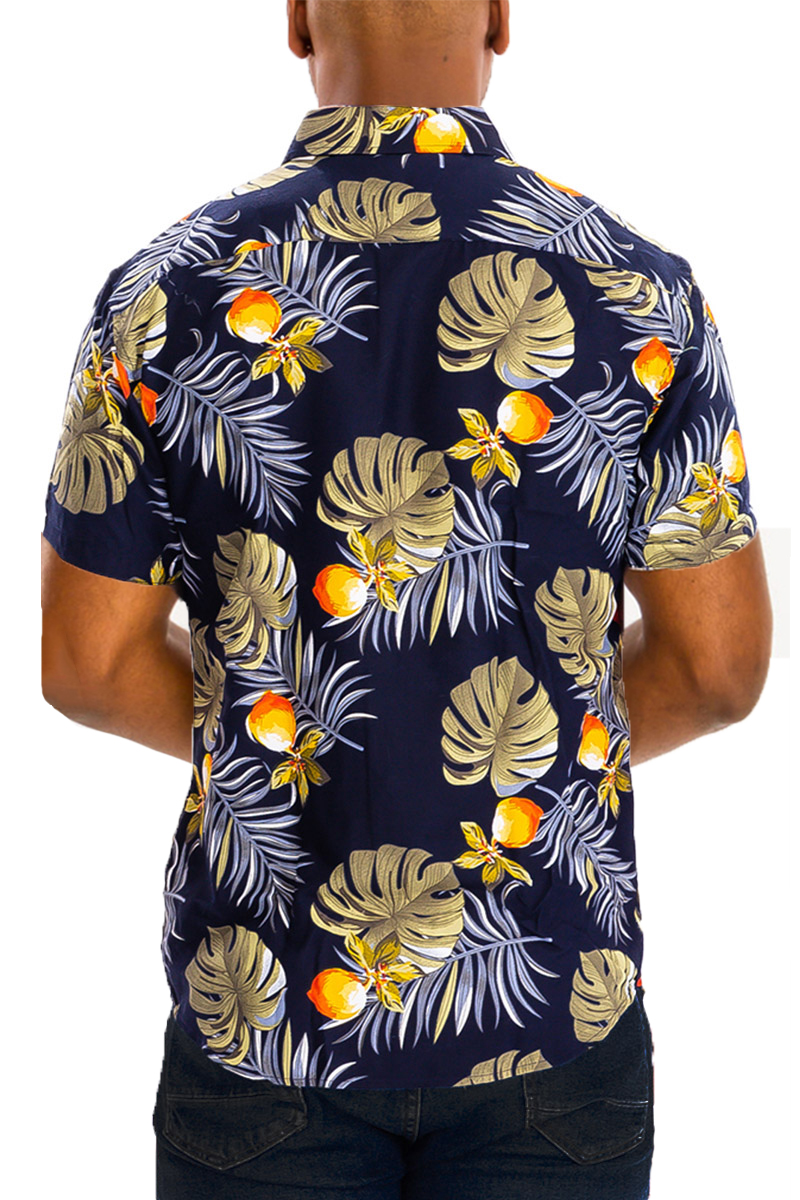 Hawaiian Button Down Shirt WS7030 featuring vibrant tropical print, short sleeves, and a chest pocket.