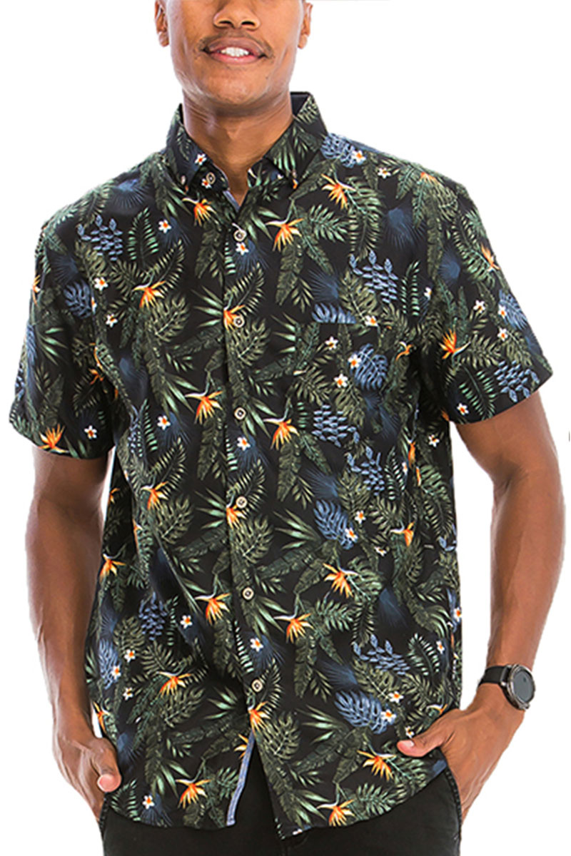 A vibrant Hawaiian Print Button Down Shirt featuring colorful tropical patterns, short sleeves, and a chest pocket, perfect for summer wear.