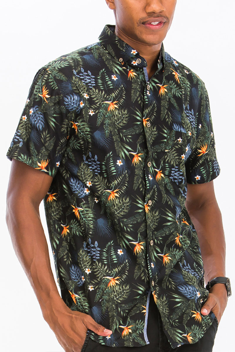 A vibrant Hawaiian Print Button Down Shirt featuring colorful tropical patterns, short sleeves, and a chest pocket, perfect for summer wear.