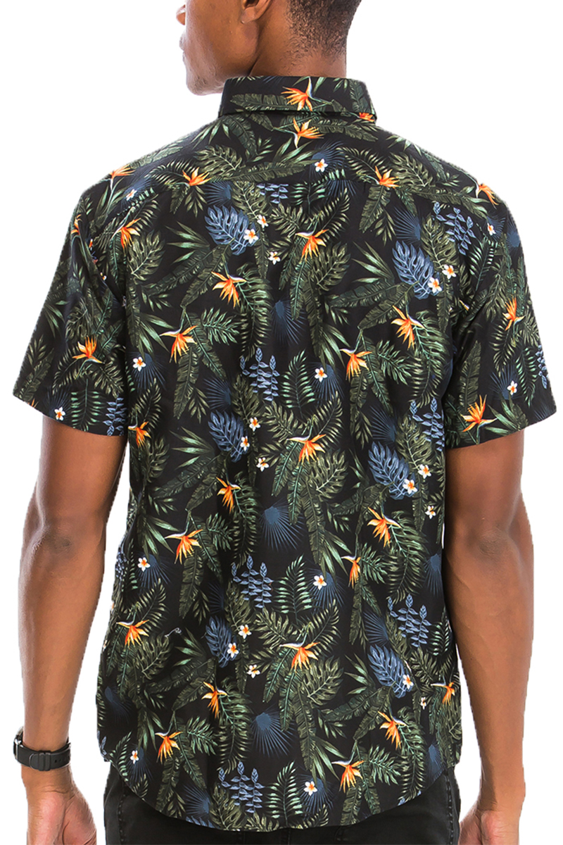 A vibrant Hawaiian Print Button Down Shirt featuring colorful tropical patterns, short sleeves, and a chest pocket, perfect for summer wear.