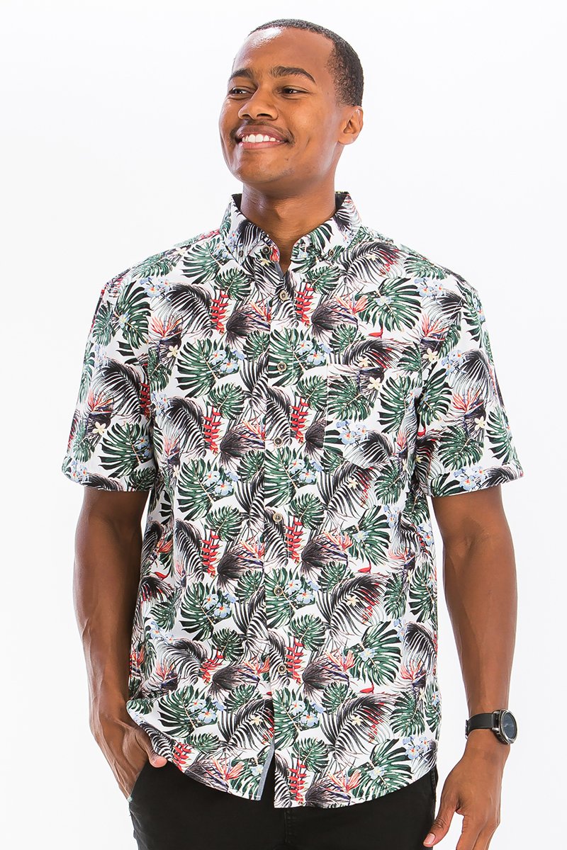 Hawaiian Print Button Down Shirt featuring unique digital prints and a chest pocket, displayed on a mannequin.