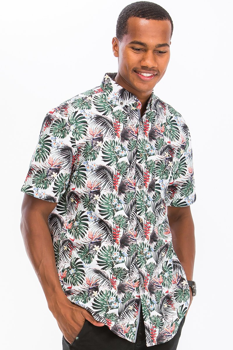 Hawaiian Print Button Down Shirt featuring unique digital prints and a chest pocket, displayed on a mannequin.