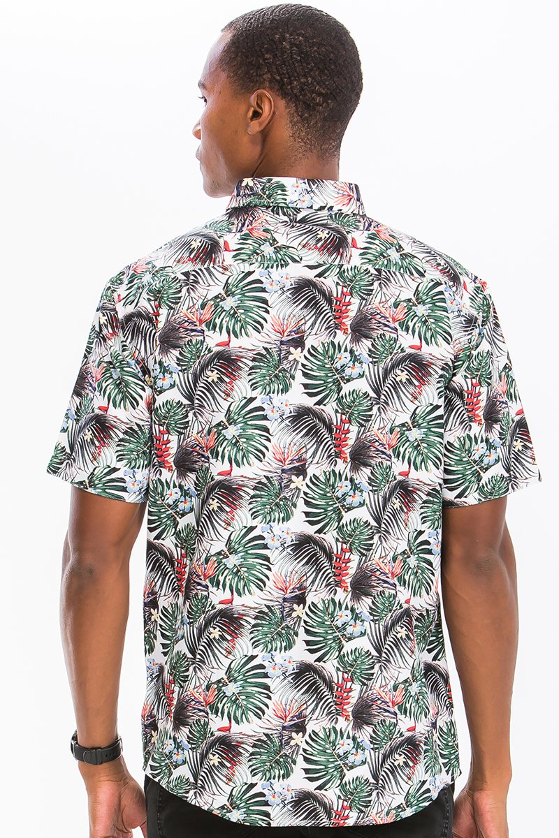 Hawaiian Print Button Down Shirt featuring unique digital prints and a chest pocket, displayed on a mannequin.