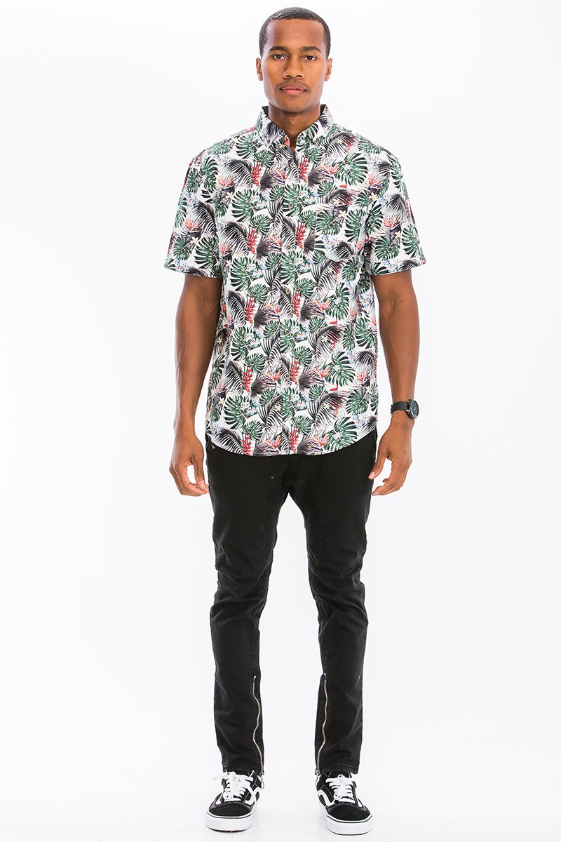 Hawaiian Print Button Down Shirt featuring unique digital prints and a chest pocket, displayed on a mannequin.