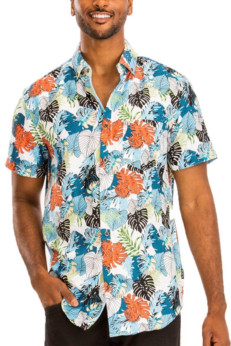 A vibrant Hawaiian print button down shirt featuring short sleeves and a chest pocket, perfect for summer outings.