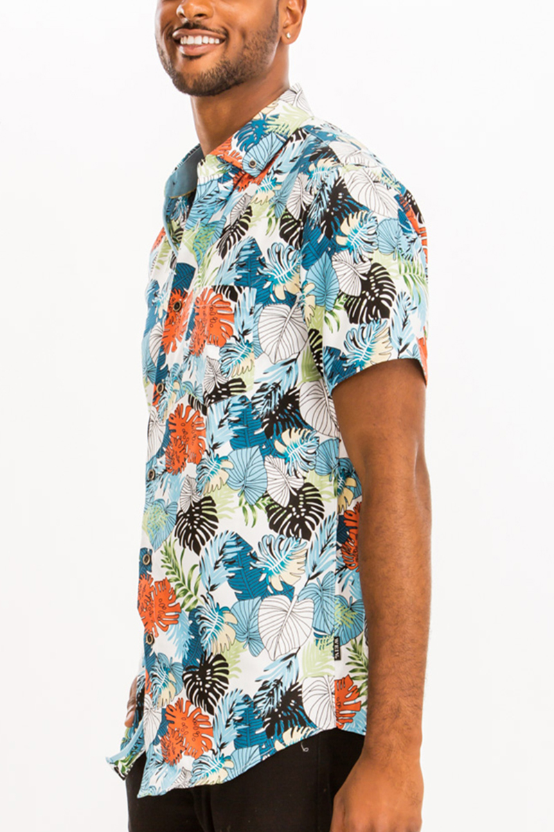 A vibrant Hawaiian print button down shirt featuring short sleeves and a chest pocket, perfect for summer outings.