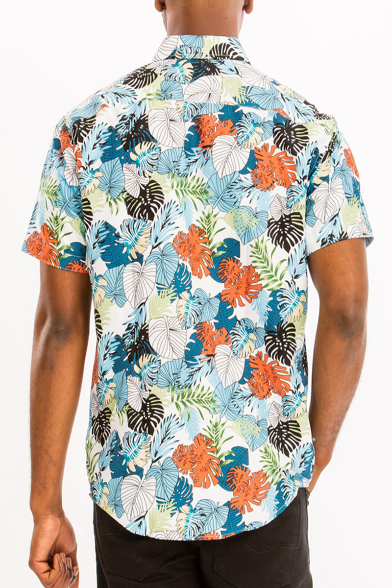 A vibrant Hawaiian print button down shirt featuring short sleeves and a chest pocket, perfect for summer outings.