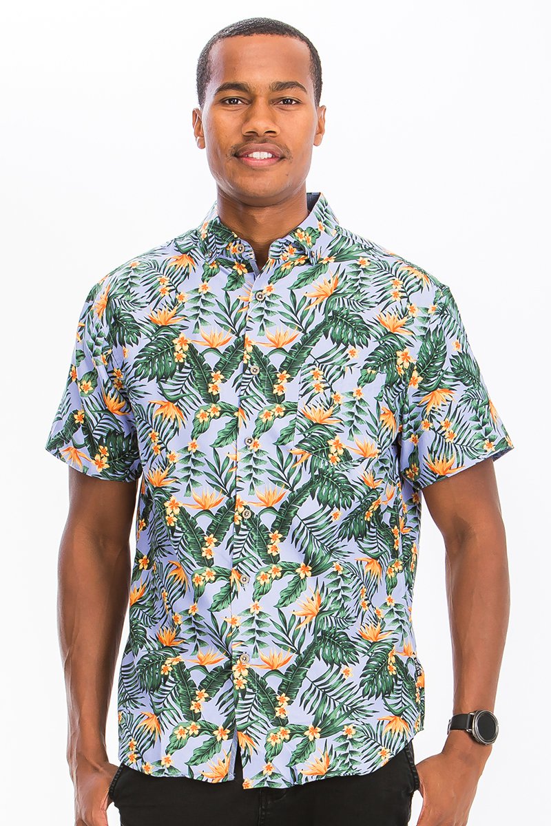 A vibrant Hawaiian Print Button Down Shirt featuring unique digital patterns, a chest pocket, and a regular fit, perfect for casual wear.