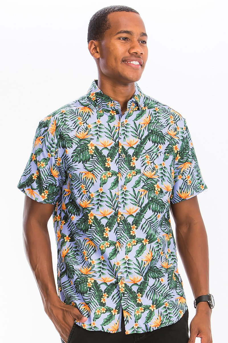 A vibrant Hawaiian Print Button Down Shirt featuring unique digital patterns, a chest pocket, and a regular fit, perfect for casual wear.