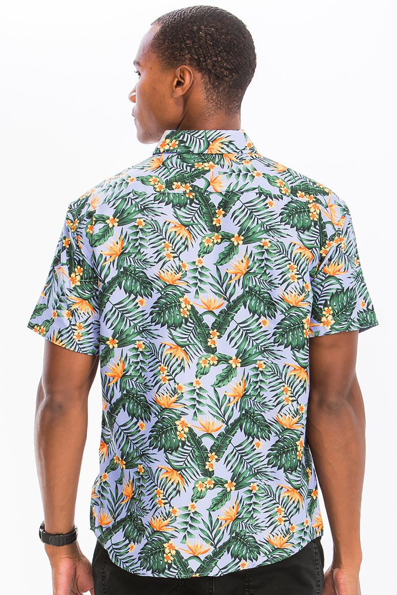 A vibrant Hawaiian Print Button Down Shirt featuring unique digital patterns, a chest pocket, and a regular fit, perfect for casual wear.