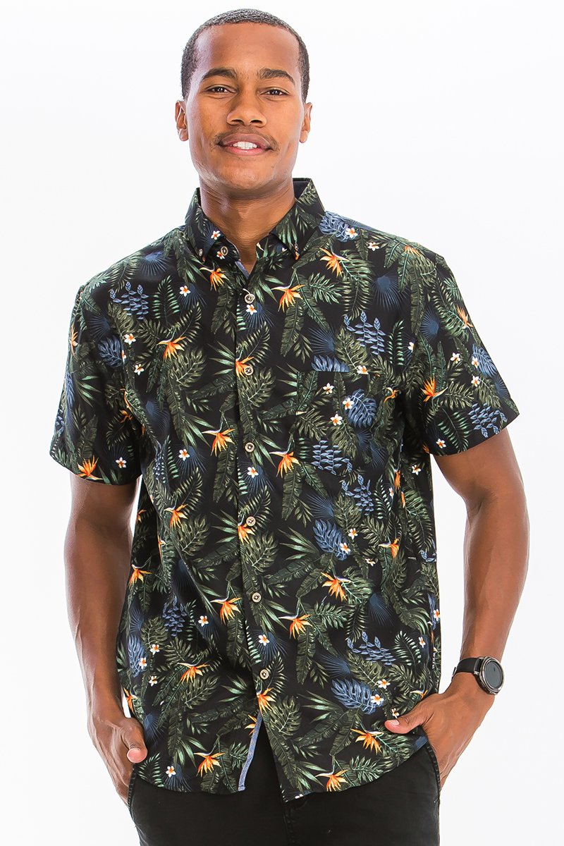 A vibrant Hawaiian Print Button Down Shirt featuring unique digital patterns, a chest pocket, and a comfortable regular fit.