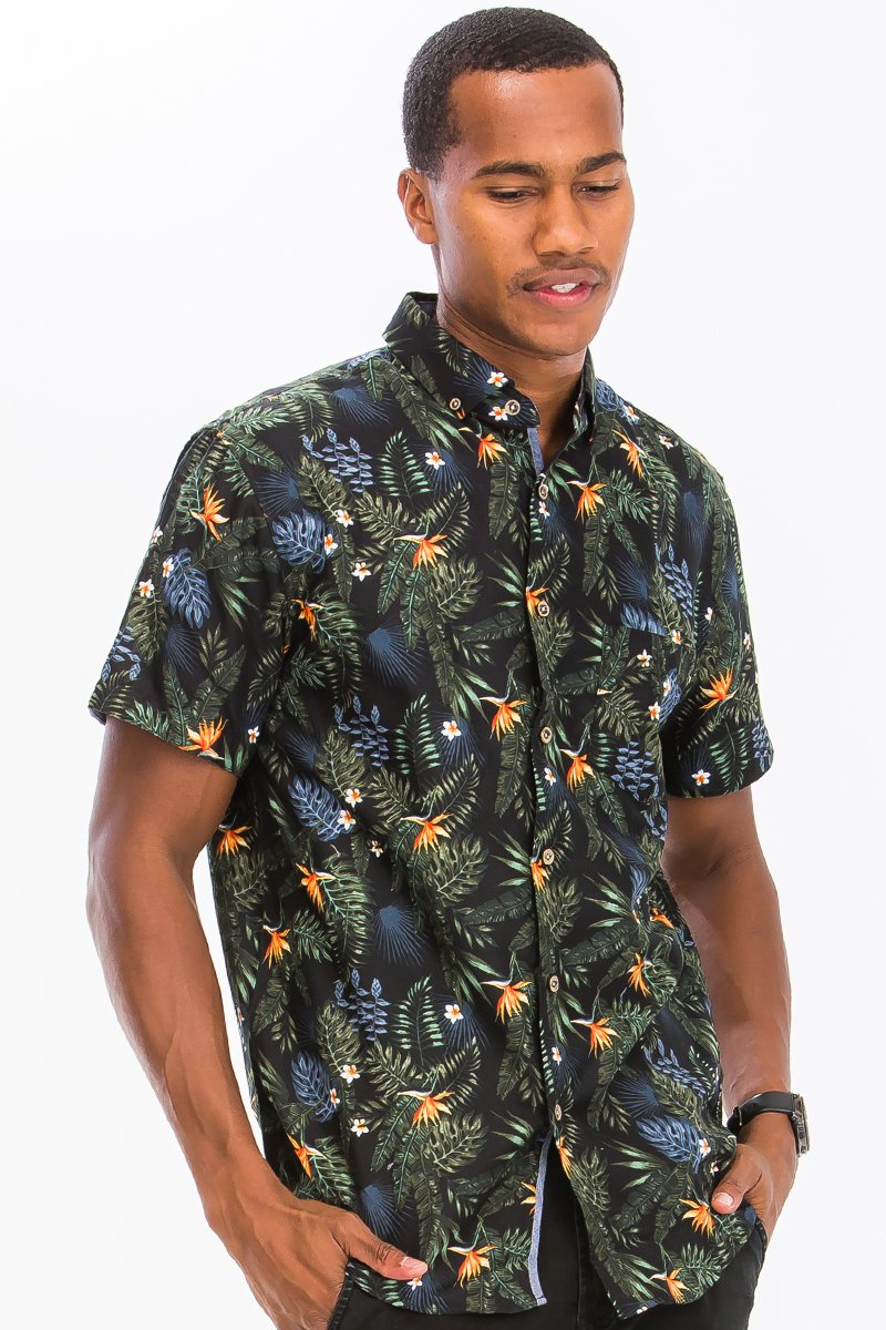 A vibrant Hawaiian Print Button Down Shirt featuring unique digital patterns, a chest pocket, and a comfortable regular fit.