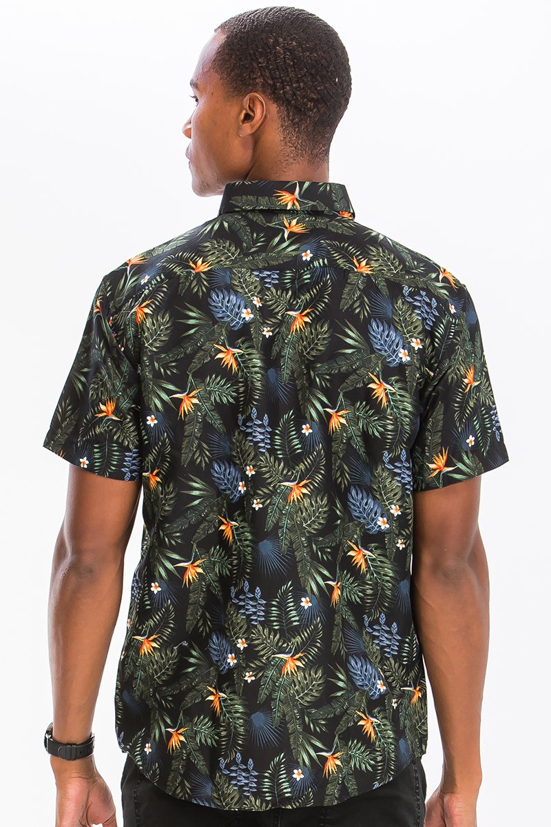 A vibrant Hawaiian Print Button Down Shirt featuring unique digital patterns, a chest pocket, and a comfortable regular fit.