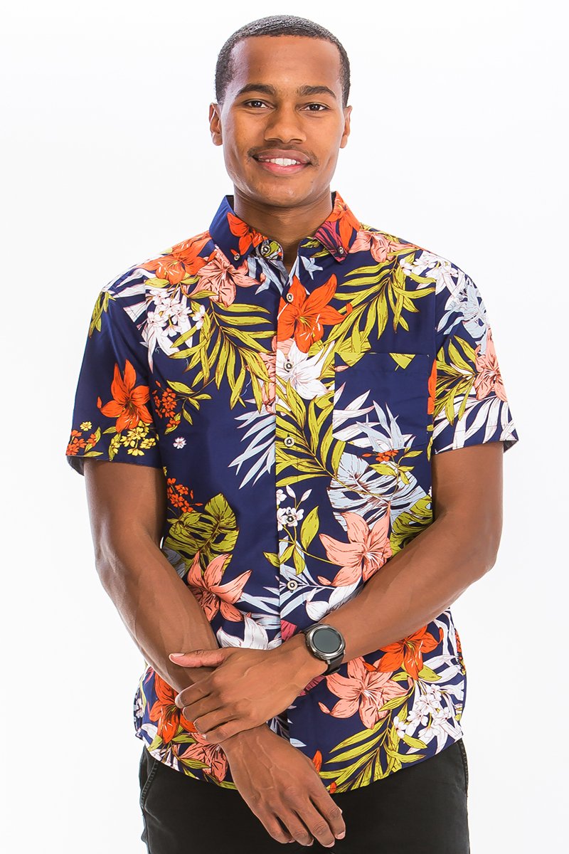 A vibrant Hawaiian print button down shirt featuring a chest pocket, made from durable polyester, perfect for summer outings.