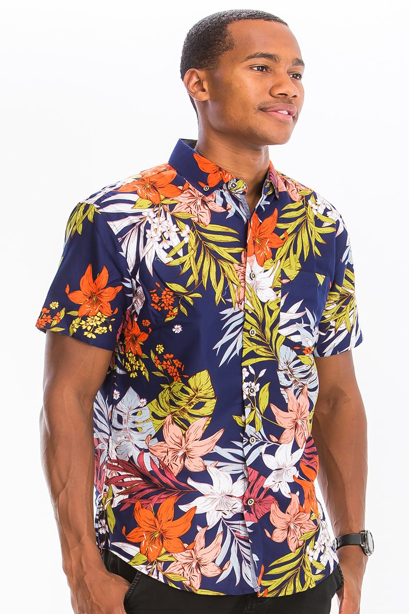 A vibrant Hawaiian print button down shirt featuring a chest pocket, made from durable polyester, perfect for summer outings.