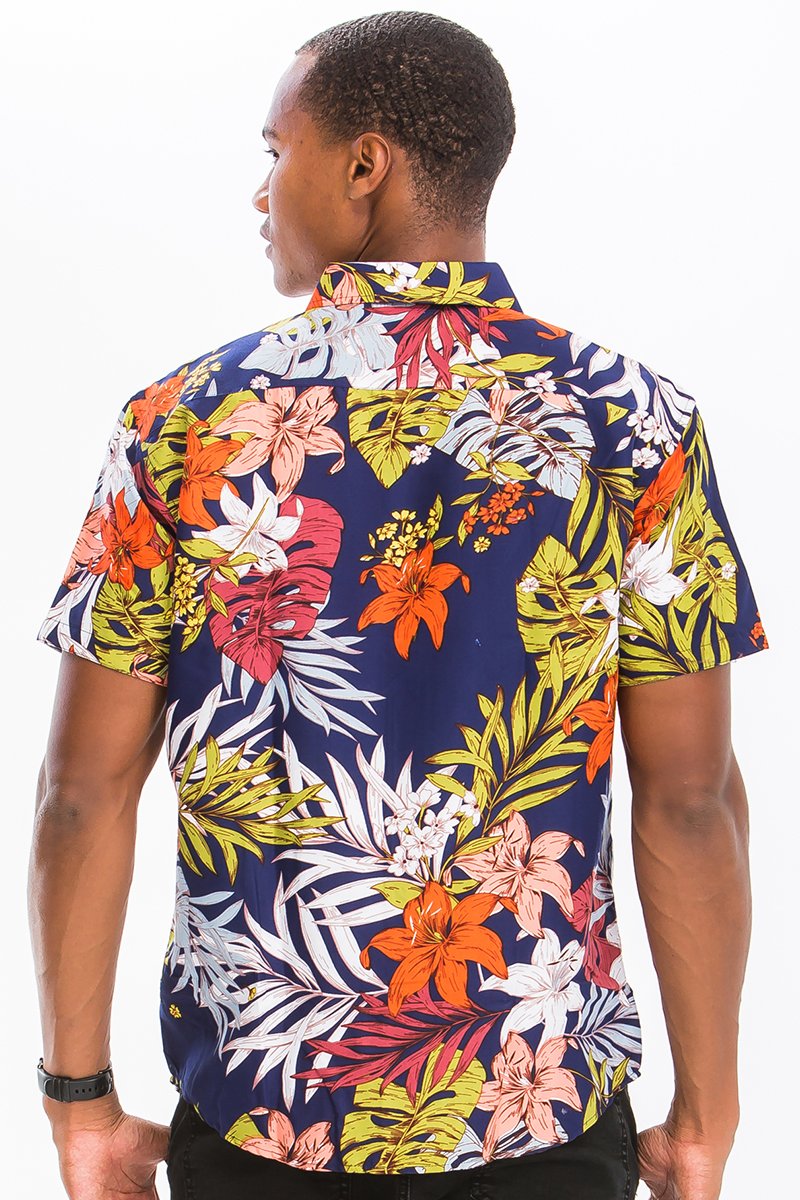 A vibrant Hawaiian print button down shirt featuring a chest pocket, made from durable polyester, perfect for summer outings.