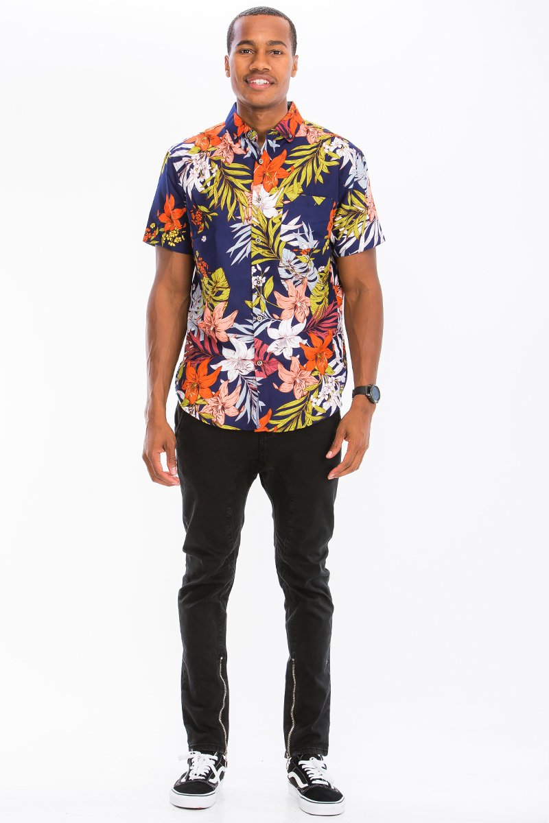 A vibrant Hawaiian print button down shirt featuring a chest pocket, made from durable polyester, perfect for summer outings.