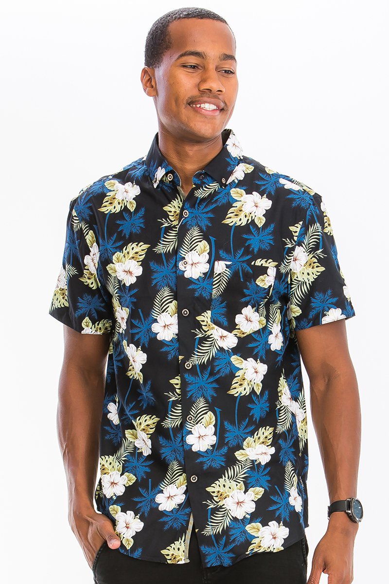 A vibrant Hawaiian Print Button Down Shirt featuring unique digital patterns, a chest pocket, and a regular fit, perfect for summer outings.