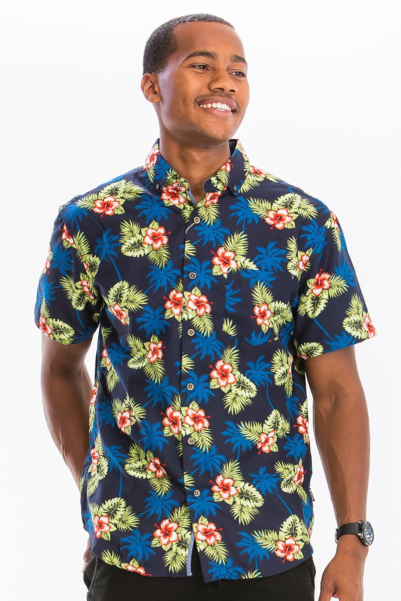 A vibrant Hawaiian Print Button Down Shirt featuring unique digital patterns and a chest pocket, perfect for summer wear.